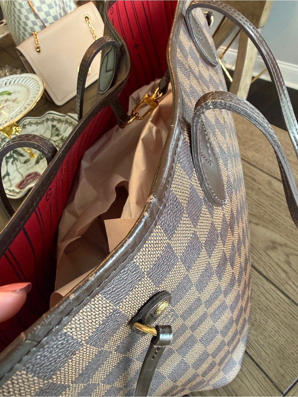 Louis Vuitton Damier Ebene Brown Check Tote Bag with Red Interior - Picture 7 of 14